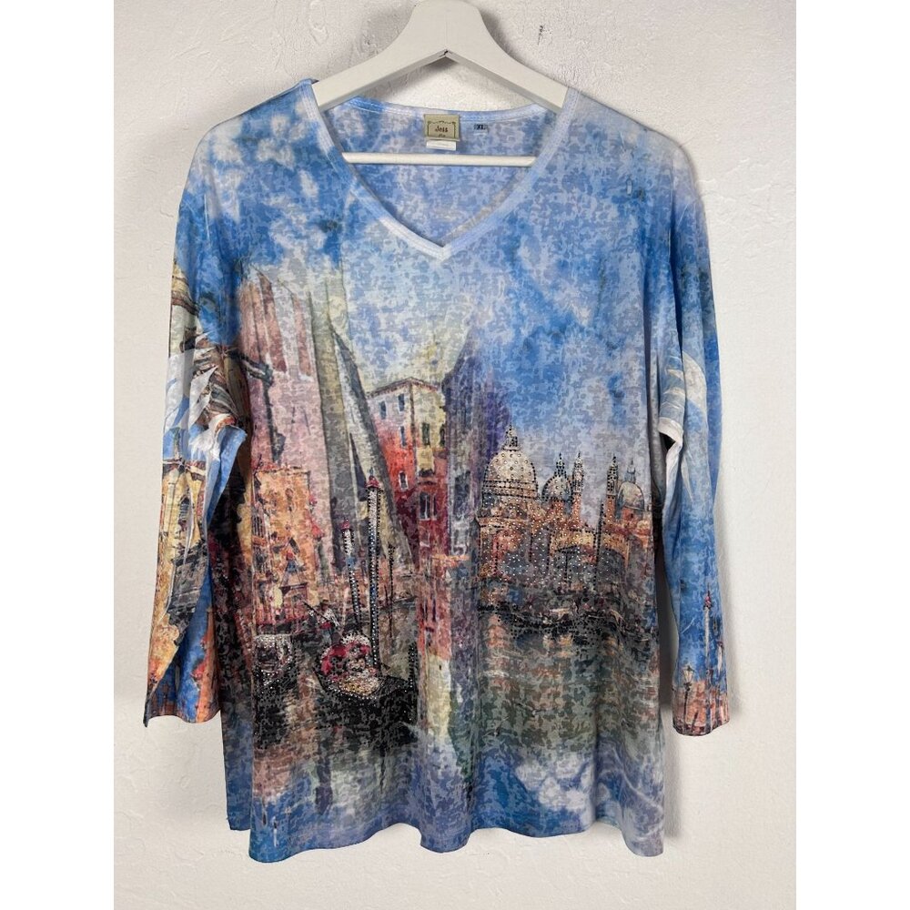 Jess & Jane USA Womens Watercolor Venice Print V-Neck 3/4 Sleeve Top XL NWOT